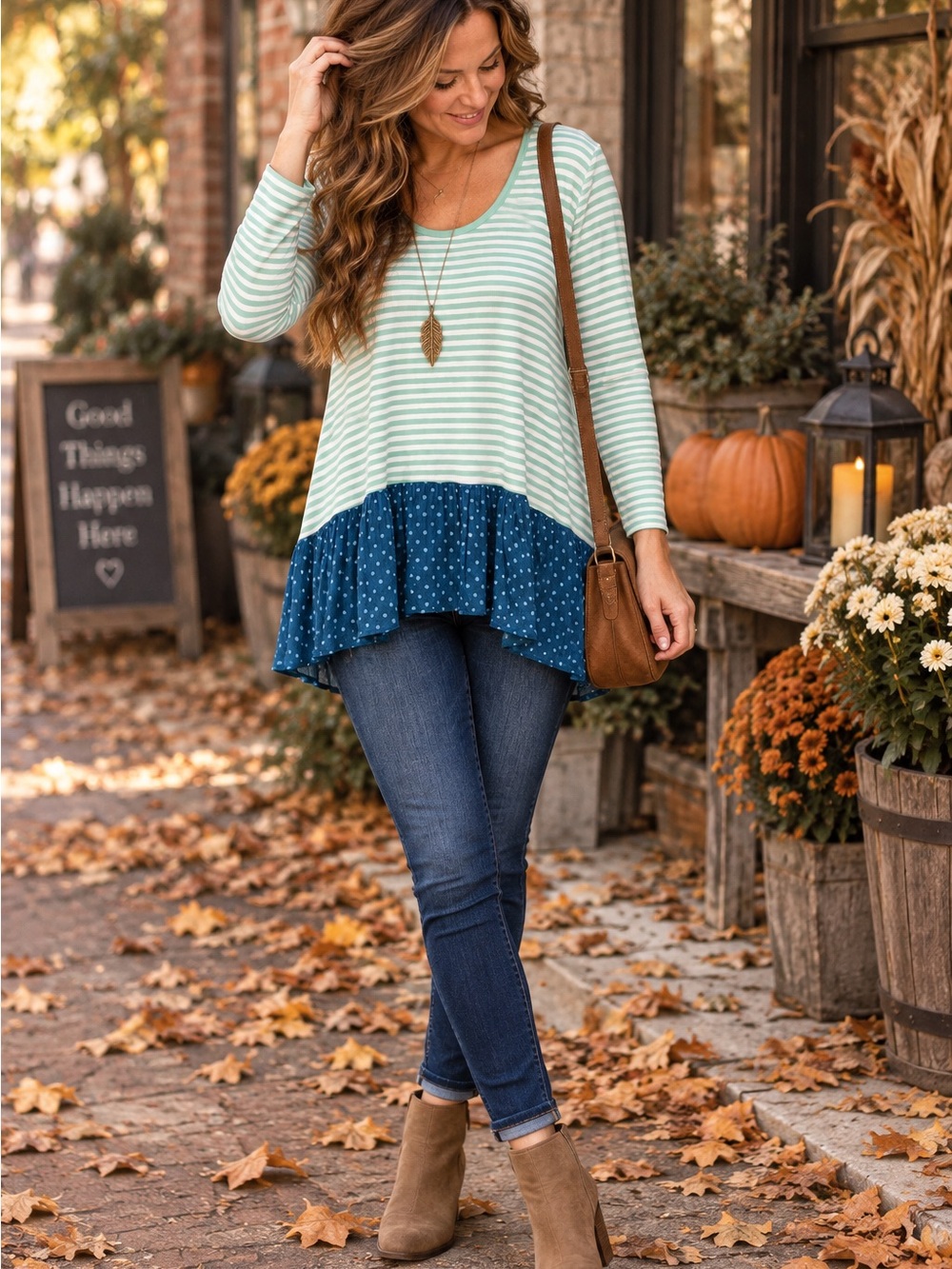 Matilda Jane Large Mint Stripe Blue Polka Dot Ruffle Hem Tunic Top